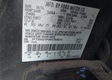 2006 Ford F250 Super Duty from USA, damaged, VIN 1FTSW21P06ED60010